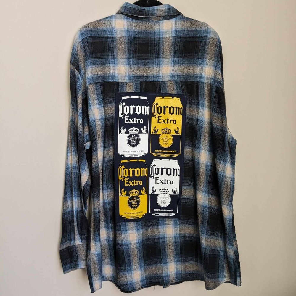 Corono Extra Beer Can Custom Flannel Button Down Shirt Blue Sz 2XLT